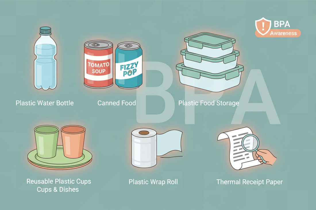 Common household items that contain BPA including plastic food containers and water bottles