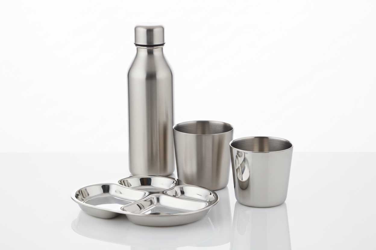 Collection of 316L stainless steel food containers showing different sizes and styles